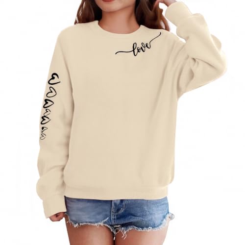Sudadera de manga larga para niña, cuello redondo, manga larga, monocolor, suelta, camiseta para niños, camiseta deportiva informal, beige, 11-12 años