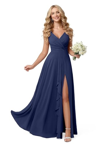 Navy Blue 2026 V-Neck A-Line Long Chiffon Bridesmaid Dress for