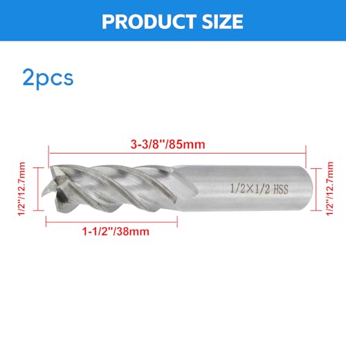 Image of Square End Mill 1 /2 inch Cutting Dia x 1 /2 inch Shank Dia 4 Flute Straight End Mill Cutter - 2pcs (Pack of 2)