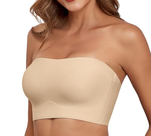 Strapless Bras for Women Non-Slip Silicone Bandeau Bra Seamless Wireless Strapless Bra Padded with 1 Pairs Straps