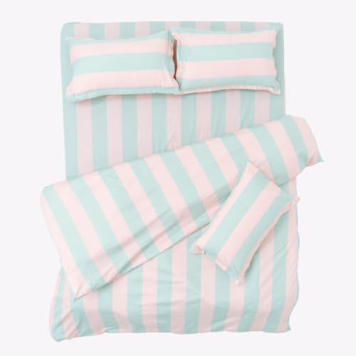 Image of Haus & Kinder Double Bed Bedsheet 90 x 100 | 186 TC Pure Cotton Bed Sheet Double Bed with 2 Pillow Covers | Queen Size Bed Sheet | Nagomi Stripe Harmony & Tranquility