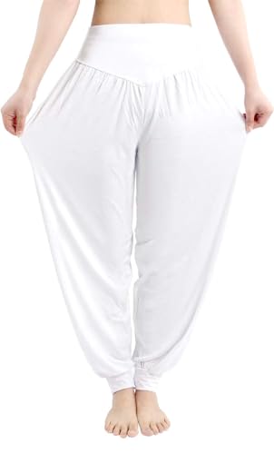 Cegerne Sarouel Femme Super Doux Spandex Modal Pantalon Harem Yoga Pilates, Blanc, S