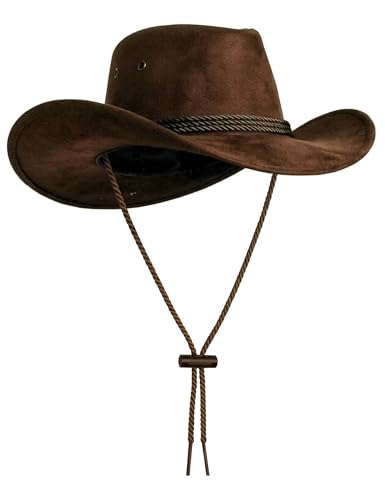 thuizen Men's and Women Classic Western Rolled-up Vegan Suede Decent Drawstring Cowboy Cowgirl Hat, Coffee