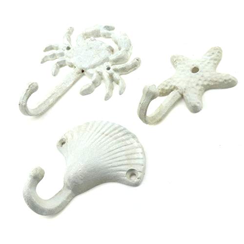 MY MIRONEY 3-Piece Starfish Seashell Crab Coats Hooks White Beach Ocean Theme Decorative Wall Hooks with Screws
