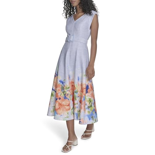 Image of Calvin Klein Women's Sleeveless V-Neck Belted A-Line Midi Dress
