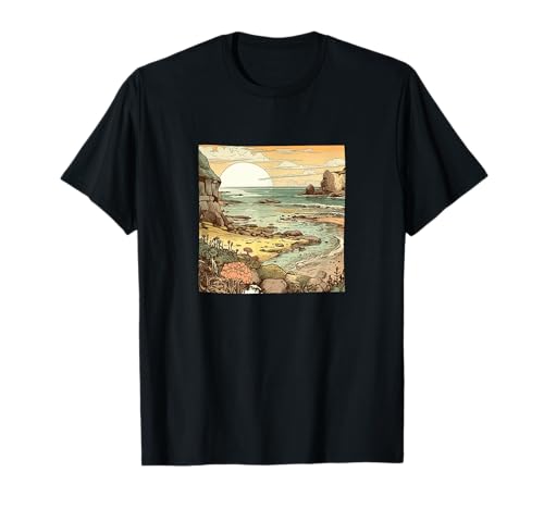 Playa con marea piscinas paisaje vintage gráfico colorido Camiseta