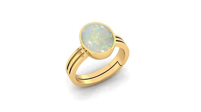 8.50 Ratti Certified Natural Panchdhatu White Fire Opal Loose Gemstone Gold Plated Adjustable Ring for Women Men Metal Opal