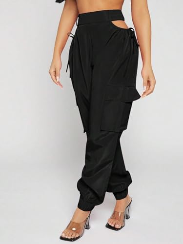 Womens Elastic Waist Cutout Waist Pocket Side Cargo Pants Knot Long Pant Trousers For Women4