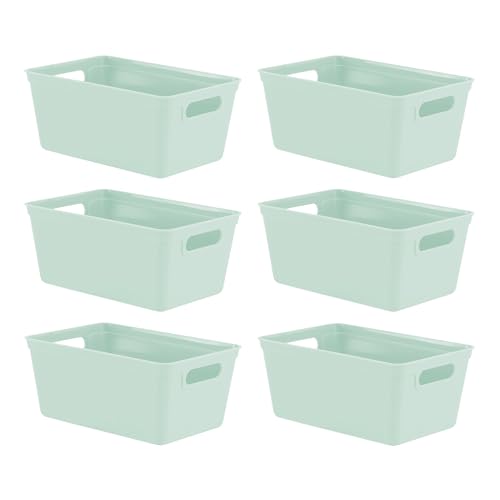 simpa 4L 4 Litre Plastic Storage Basket Studio Organiser Trays with Handles - Sage Green, Set of 6 Trays - 11cm (H) x 25cm (L) x 17cm (W)