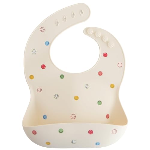Image of mushie Silicone Baby Bib | Adjustable Fit Waterproof Bibs (Smiley Face)