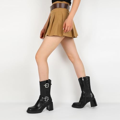 Eldof Mid Calf Boots for Women Platform Chunky Heel Booties with Buckles Square Toe Side Zipper Biker Motorcycle Leather Boots Women Fall Winter 3 Inches4