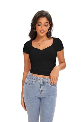 Cioatin Women Cute Sweetheart Neck Short Sleeve Crop Tops Ruched Summer Going Out T Shirt Y2K Clothes Tee Teens4