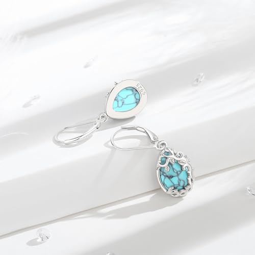 Vito S925 Sterling Silver Dangle Earrings for Women, Turquoise Moonstone Teardrop Tree of Life Filigree Leverback Earrings Dangle Earrings for Daughter Mom2