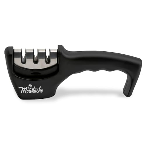 La Moustache - Afilador de Cuchillos Profesional de Acero Inoxidable con Mango Ergonómico, Afilado Manual Rápido de 3 Etapas para Todo Tipo de Cuchillos | Base Antideslizante, Fácil de Usar