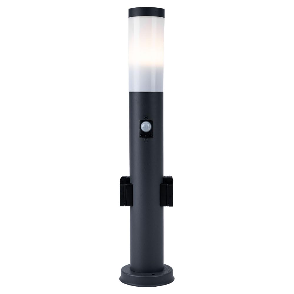 Außenleuchte LED Stehleuchte mit Bewegungsmelder Edelstahl Wegeleuchte Sockelleuchte Gartenleuchte anthrazit, mit 2 Steckdosen, IP44, 1x 11W 1055lm warmweiß, DxH 13,1x60 cm