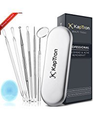 Complete Blackhead Remover Kit - Kaptron 5 Piece Comedone Extractor Tool Set For Popping Pimples - Natural Acne Treatment - Includes Organizing Case, Extra Mirror and Facial Brush