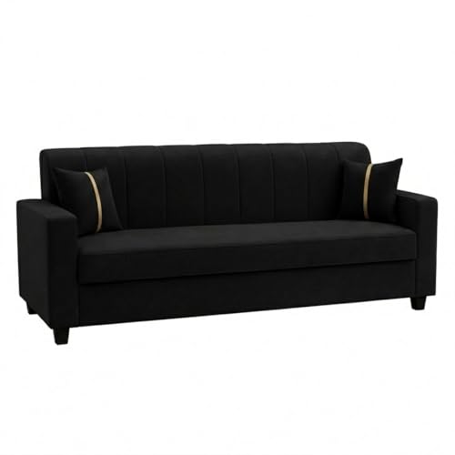 Image of FURNY Cosmos 3 Seater + 1 Seater + 1 Seater Fabric Sofa Set (Black) with Velvet Finish | Durable Comfort | Ideal for Living Room