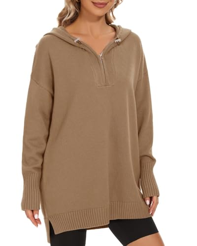 Image of Women's Hooded Sweater Loose Half Zip Drawstring Pullover Sweatshirt Top Casual Long Sleeve Side Slit Knit Hoodie