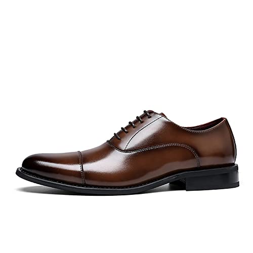 Image of Men's Classic Oxford Modern Lace Up Genuine Leather Lined Dress Shoes,Business Casual Shoes,Brown 6.5M