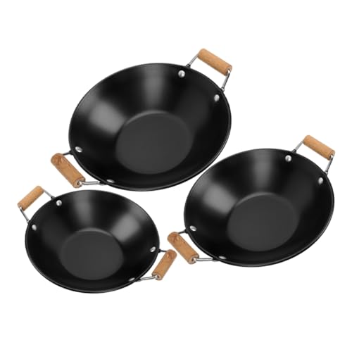 Cabilock 3 Piezas plancha de acero inoxidable ninjas olla freidora cesta olla vaporera con tapa cazuelas con tapa para horno sartenes paellera pans paella olla seca espesada de madera Black