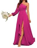 KIYNE Vestido de dama de honor de una manga para mujer con abertura, plisado, de gasa fruncida, vestido de noche formal, fucsia, 52 Grande