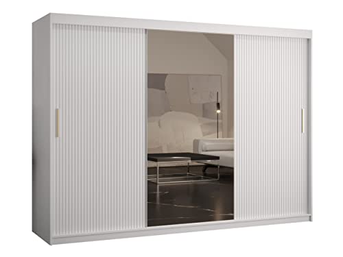 Mirjan24 Kleiderschrank Kirtan Slim II, Schwebetürenschrank mit 2 Kleiderstangen und Spiegel, Schiebetürenschrank mit Zierstreifen für Schlafzimmer, Garderobe (Modell 250, Weiß/Weiß)