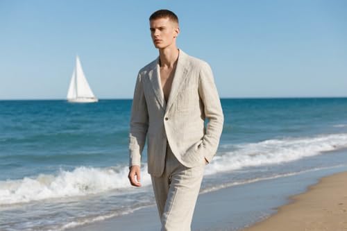 Linen Retro Mens Suit 2 Pieces Light Weight Linen Tuxedo Suit Summer Suits Jacket Blazer Pant for Men Wedding Party 6