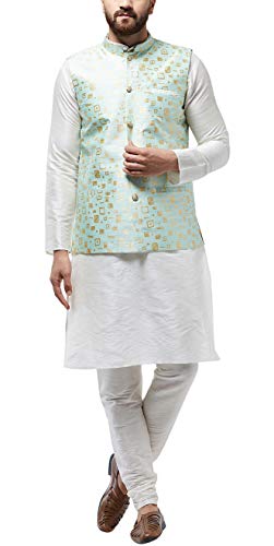 Image of SOJANYA (Since 1958, Men's Silk Blend Grey Kurta Pyjama & Silk Blend Jacket Combo