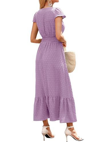 Image of CzzzyL Women Nursing Boho Maxi Dresses Cap Short Sleeve V Neck Swiss Dot High Waisted A-Line Ruffle Tiered with Pockets