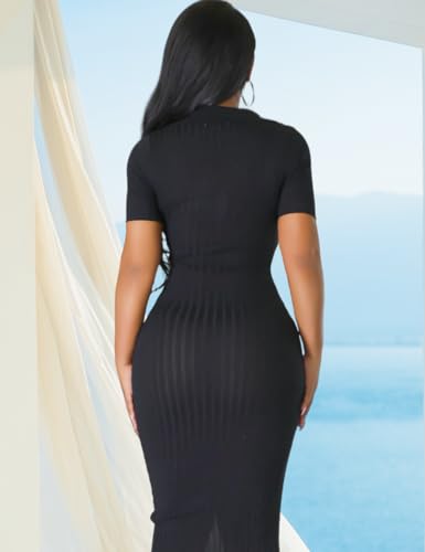 Image of Women's Fashion Sexy Elegant Comfortable Fit Vital V-Neck Knitted Short Sleeve Dress