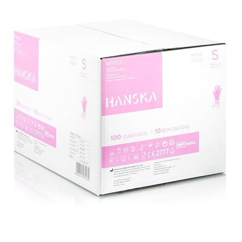 HANSKA 1000 Guantes desechables de nitrilo rosas - Sin polvo - Desechables - Ambidiestros - No estériles - Base de goma - Apto para áreas médicas y manipulación de alimentos (1000, S)