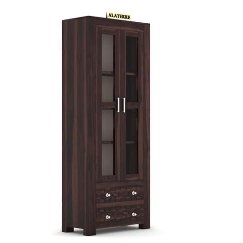 Image of Wood Book Shelf for Home Library | Wooden Book Shelf with Glass Door | Kitchen Crockery Cabinet, Almirah, Home Furniture, Books Rack, Book Stand, BookCases, Shelves, Walnut Finish