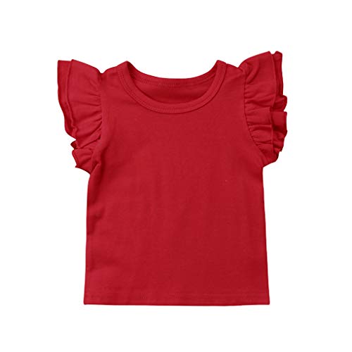 Toddler Newborn Baby Girl Basic Plain Ruffle/Fly Sleeve Solid Color Cotton T Shirts Tops Casual Tee Summer Clothes (Red, 4-5 Years)