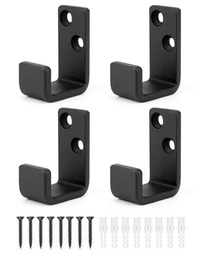 QWORK® 4 Stück Schwerlast Wandhaken aus Stahl, Schwarz, 5,5 x 4 x 2,5 cm, J-Haken mit Schrauben, kompakte Haken zum Aufhängen von Kabeln, Drähten und kleinen Sportgeräten