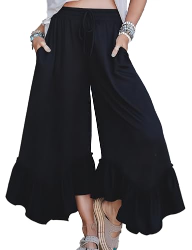 Womens Wide Leg Palazzo Pants Baggy Lounge Ruffled Hem Adjustable Drawstring Culotte Trousers with Pockets2