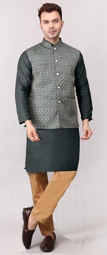Image of Men's Cotton Silk Blend Regular Kurta Pyjama, Embroidered Nehru Jacket /Waistcoat Set