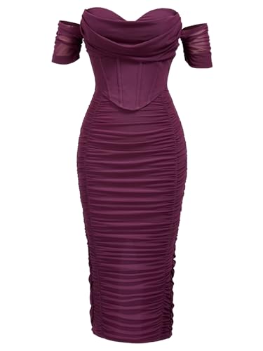 Women's Off The Shoulder Cocktail Midi Dress Built-in Bra Ruched Bodycon Corset Fall Homecoming Wedding Guest