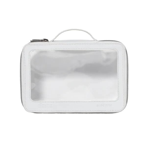 BPerfect Skin Studio Double-Layered Travel Bag, Sleek White PU Leather Cosmetic Case with Transparent Windows