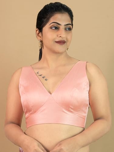 Image of FIGURE'S DESIGNER Women's Dupion Raw Silk Sleeveless V Neck Sabyasachi Cut Readymade Saree Blouse Padded Stitched S4