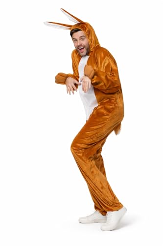 Partychimp Costume de lapin de Pâques pour adultes Costume d'animal Onesie Combinaison d'animal Pyjama avec capuche Costume de lapin de Pâques - Marron -...