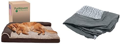 Furhaven Orthopedic Dog Bed for Large Dogs & Extra Washable Stone Gray Cover, for Dogs Up to 95 lbs - Two-Tone Plush Faux Fur & Suede L Shaped Chaise - Espresso, Jumbo/XL