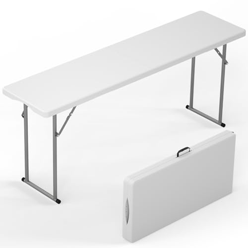 HLPB 6 FT Narrow Folding Table Tabletop Fold-in-Half Thickened HDPE Material and Thicker Metal Frame Foldable with Handle & Safety Locks Perfect for Meeting Party White