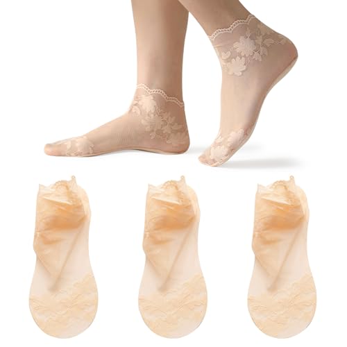 3 pairs Women's Lace Ankle Socks Non Slip Breathable Lace Socks Mesh Fishnet Ruffle Dress Socks for Woman Girls - Main Image