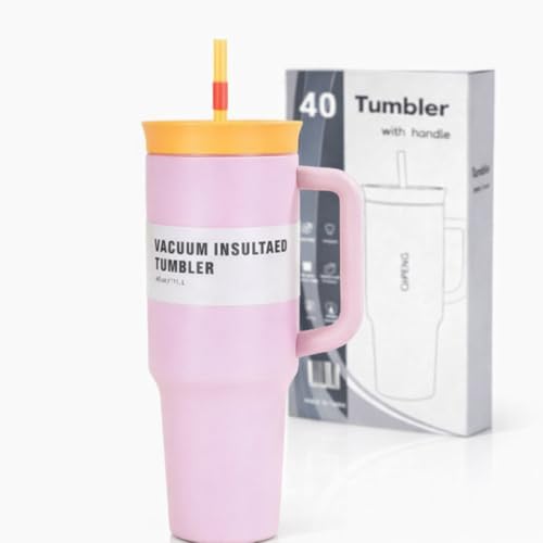 Image of HomeCloud 1200ml Insulated Coffee Tumbler with Lid - Double Wall Travel Mug for Hot & Cold Drinks, Leak-Proof, Durable, Portable, Stylish Stainless Steel Design (Pink with Orange Lid)