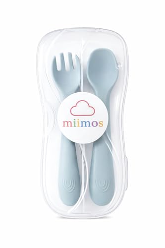 miimos Cubiertos Bebé Silicona BLW con Estuche de Viaje | Cuchara y Tenedor Ergonómicos Sin BPA | Set Guardería y Aprendizaje Autónomo (AZUL)