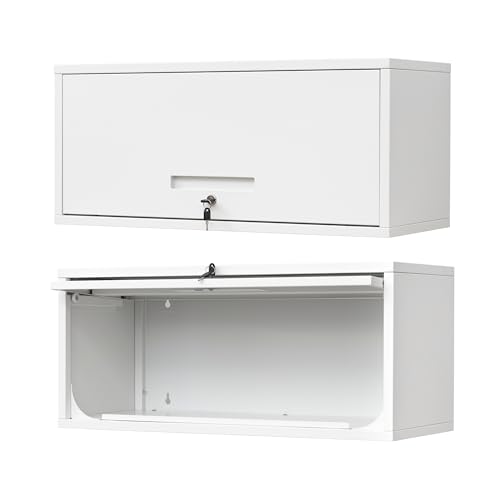 Metal Wall Storage Cabinet with Up-flip Door, Wall-Mounted Storage Cabinet for Garage, Warehouse, Home, Office, Assembly Required (White)