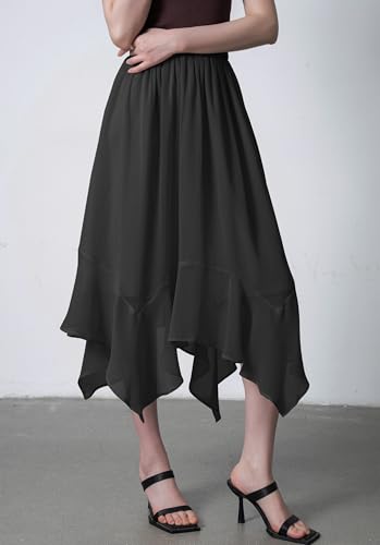 Women's Lightweight Chiffon Midi Skirt with Handkerchief Hem - Elastic Waist Flowy A-Line Skirt4