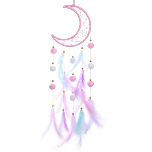 Heclia Pink Dream Catcher for Kids Room Handmade Baby Nursery Decor with Pompoms & Feathers Boho Wall Hanging for Girls & Boys Native American Style Circular Net Bedroom Ornament