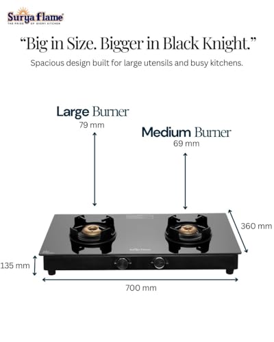 Image of Surya Flame Black Knight Gas Stove 2 Burners Glass Top with Forged Brass Burners | 2 Burner Gas Stove, Stove 2 Burner with Flame Guard Pan Support, 360 Revolving Nozzle with 69%+ Efficiency