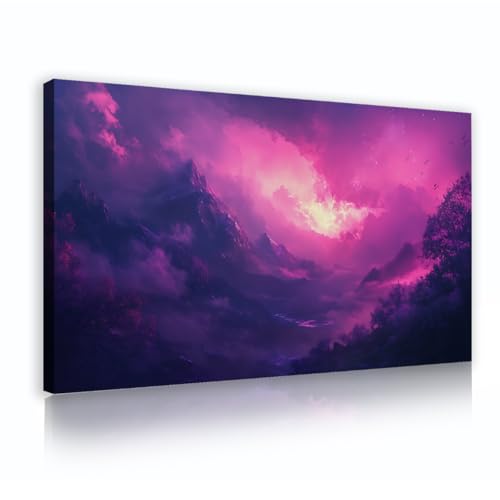 Tableau fantastique montagne violette YUNART cadre 75x135cm